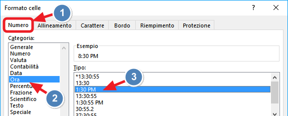 applicare il formato ora