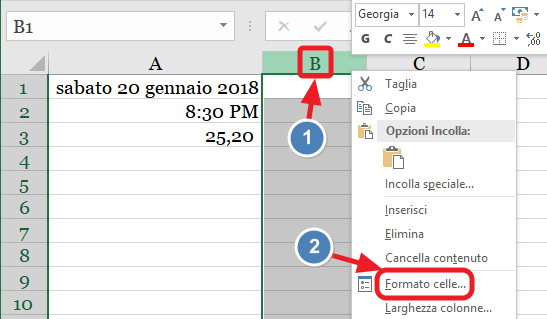 aprire il menu formato celle