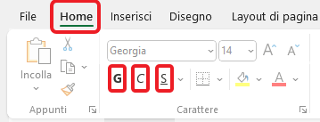 i comandi grassetto corsivo sottolineato