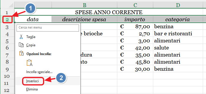 tasto destro inserisci