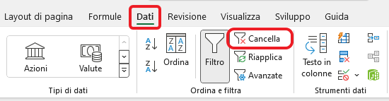 cancella filtri
