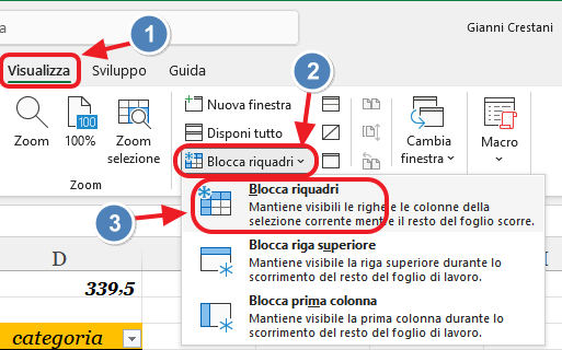 comando blocca riquadri
