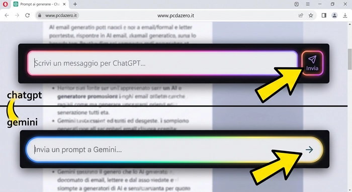 Barra di inserimento prompt di ChatGPT e Gemini con casella di testo evidenziata