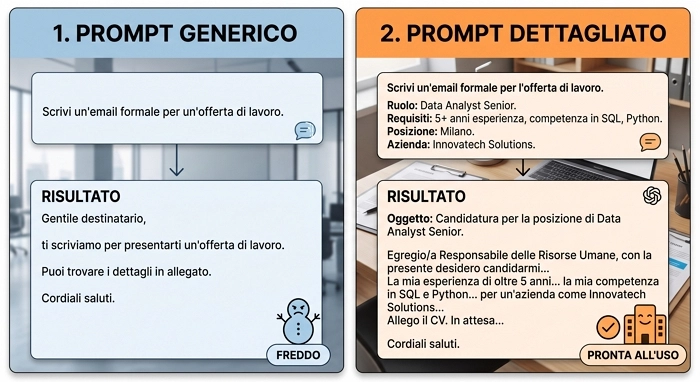 Confronto tra prompt generico e prompt dettagliato per scrivere un'email formale