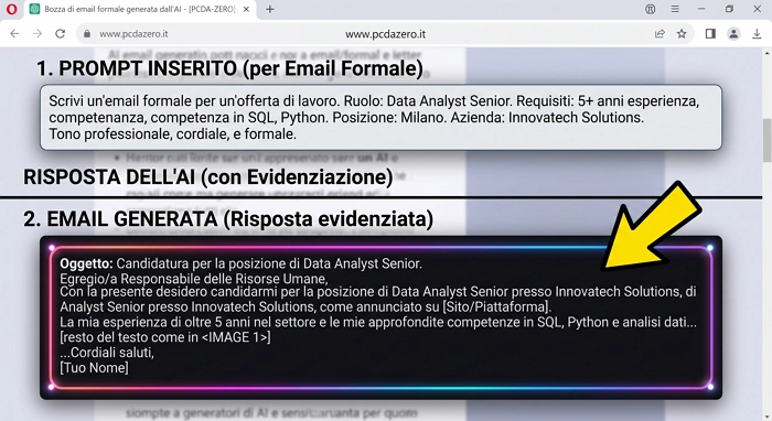 Bozza di email formale generata dall'AI in risposta al prompt inserito