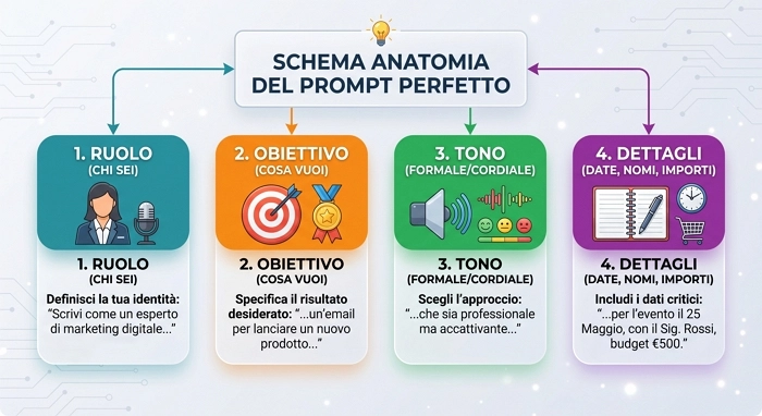 Schema anatomia del prompt perfetto: ruolo, obiettivo, tono e dettagli
