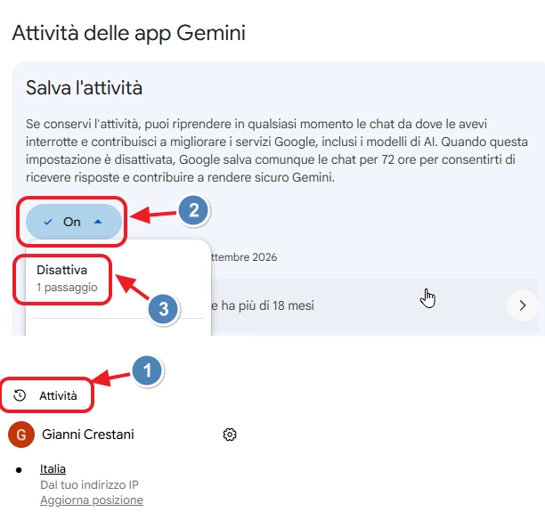 Pagina Attività delle app Gemini dell'Account Google con l'opzione per mettere in pausa la conservazione della cronologia