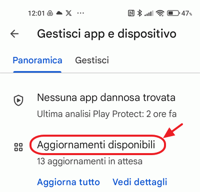 menu aggiornamenti