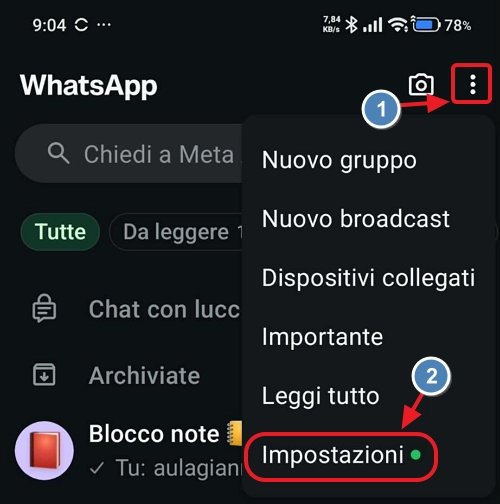 Aprire le Impostazioni di WhatsApp