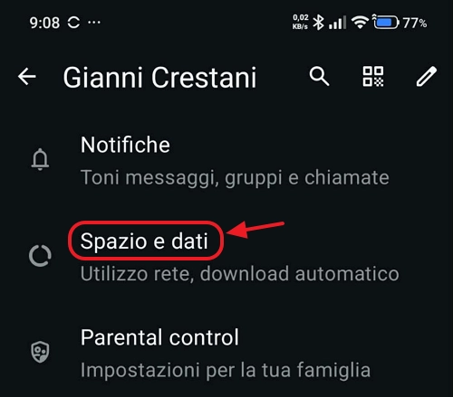 Voce Spazio e dati nelle Impostazioni di WhatsApp