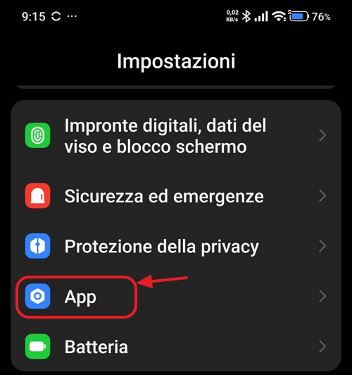 Voce Applicazioni nelle Impostazioni di Android