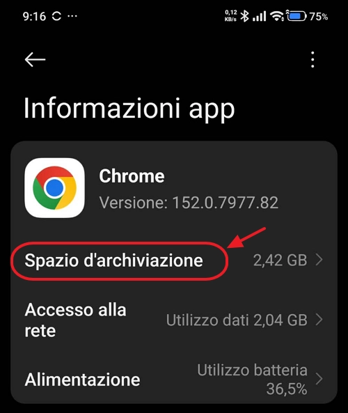 Spazio di archiviazione di un'app Android