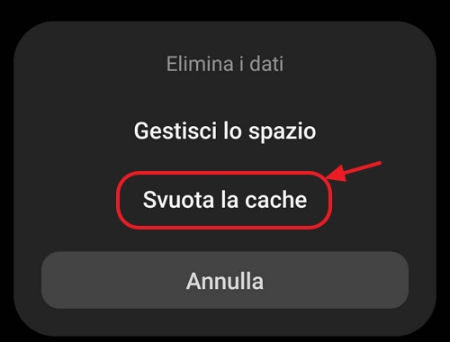 Pulsante Svuota cache di un'app Android