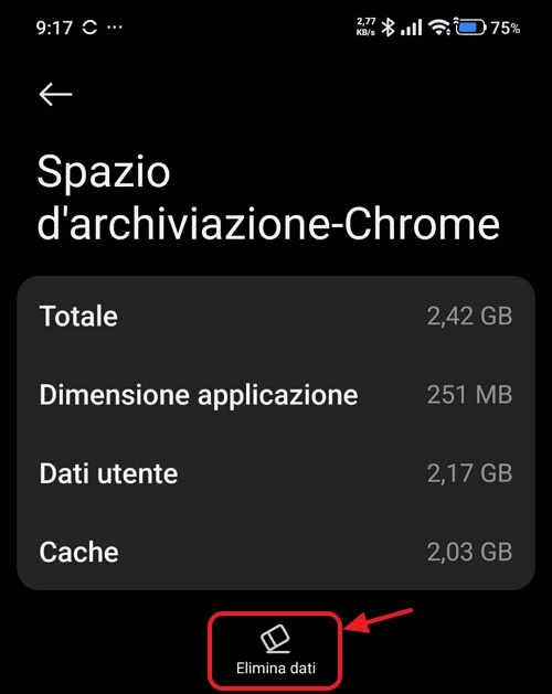 Pulsante Elimina Dati di un'app Android