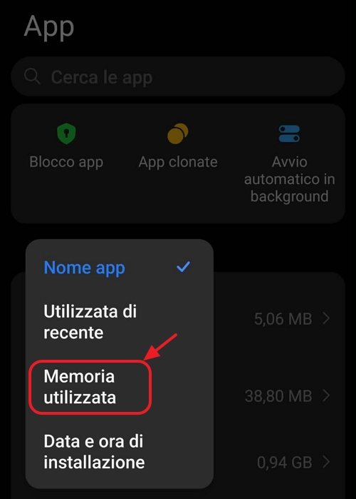 Elenco delle app ordinato per Dimensioni