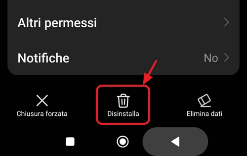 Pulsante Disinstalla di un'app Android