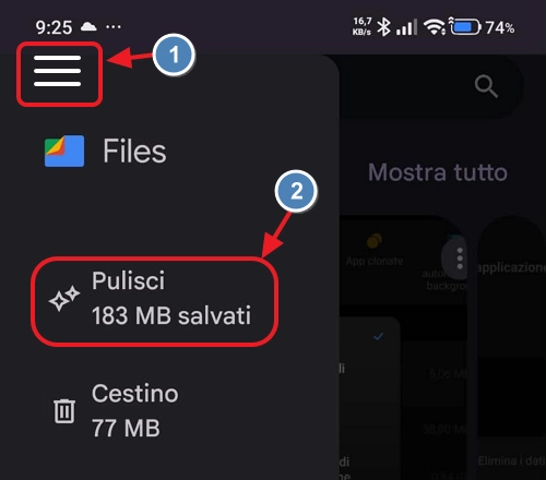 Scheda Pulisci dell'app Files di Google