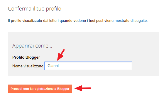 inserisci il tuo nome e procedi