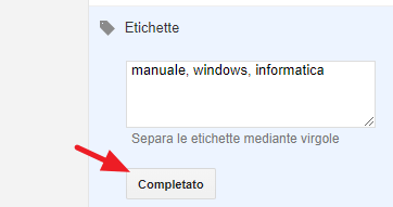 conferma etichette con un clcic sul pulsante completato
