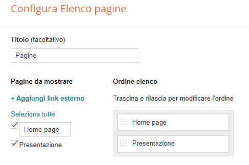 configurazione del menu pagine