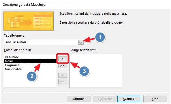 inserisci campi maschera