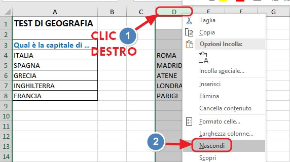 nascondere la colonna D