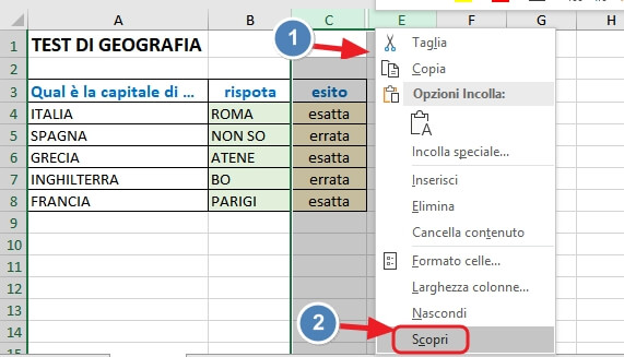 scoprire la colonna D con il menu contestuale