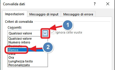 voce elenco da convalida dati