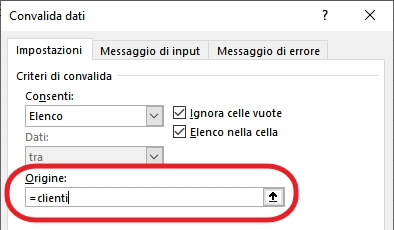 origine dei dati di convalida dati