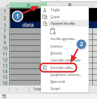 tasto destro, formato celle