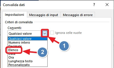 voce elenco nel comando convalida