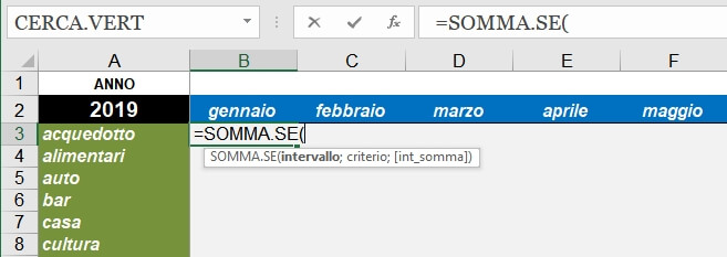 inserimento della funzione SOMMA.SE
