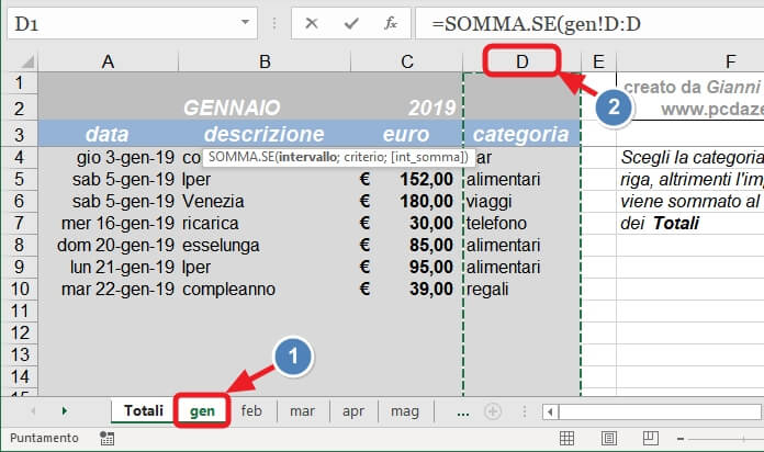 selezione del foglio e della colonna D