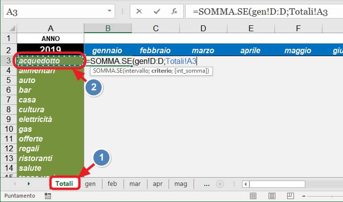 slezione cellla A3 del foglio totali