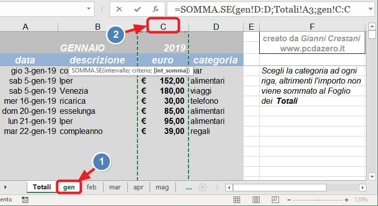 selezione della colonna C nel foglio gennaio