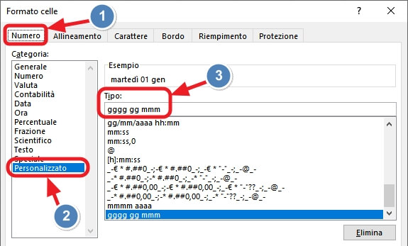 formato data personalizzato in gggg gg mmm
