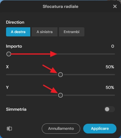 finestra impostazioni amount x y zoom blur