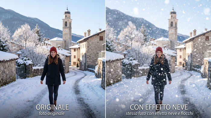foto originale e stessa foto con effetto neve e fiocchi