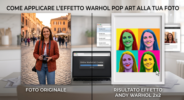 foto originale e risultato effetto Andy Warhol pop art 2x2