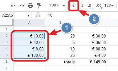 formattare le celle in valuta euro