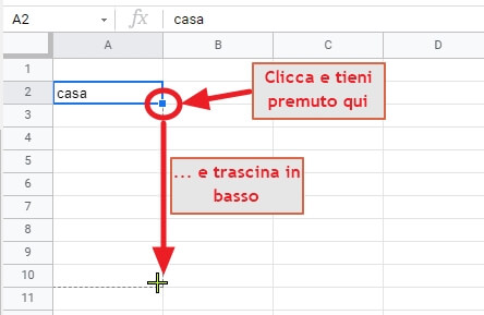 riempimento automatico con trascinamento in basso