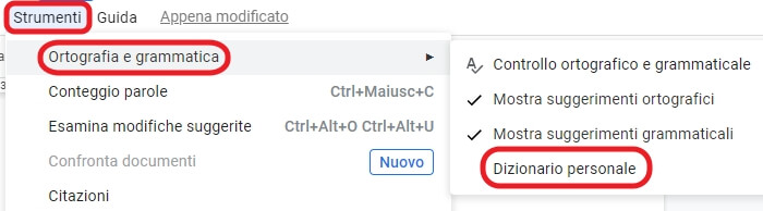 aprire il dizionario personale