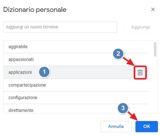 cancellare una parola dal dizionario personale