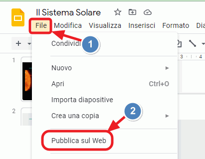menu file e pubbblica sul web