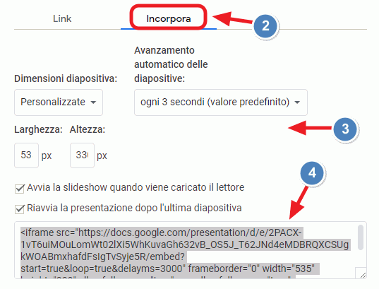 incorporare il codice della presentazione