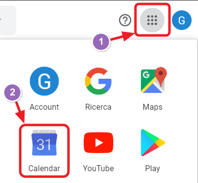 menu calendario da account google