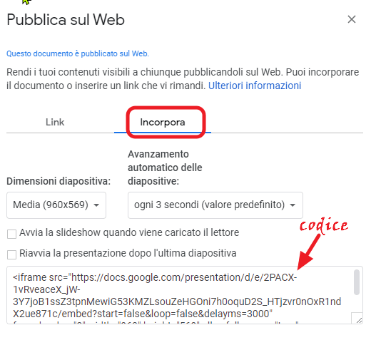 codice da pubblicare nel web