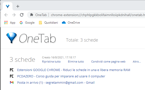 elenco delle schede compresse con onetab