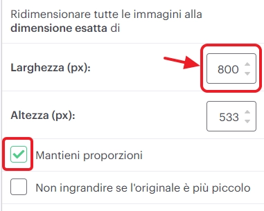inserimento larghezza 800 pixel con proporzioni bloccate