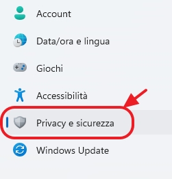 Windows 11 - Impostazioni: accesso a Sicurezza di Windows